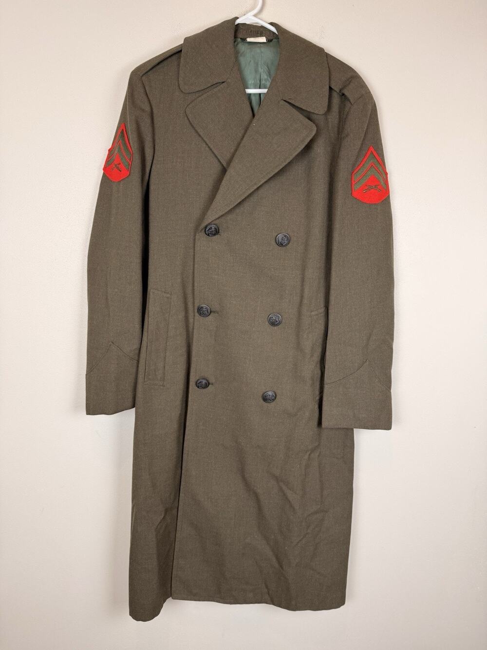 Vintage USMC US Marine Corp Overcoat Coat Sz 34L Wool Trench Serge Alpha Green
